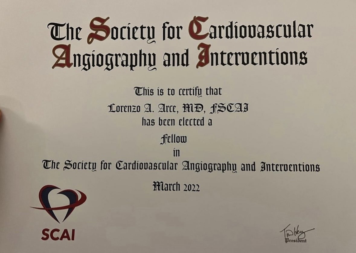 SCAI Fellowship certificate awarded to Lorenzo A. Arce, MD, FSCAI, March 2022